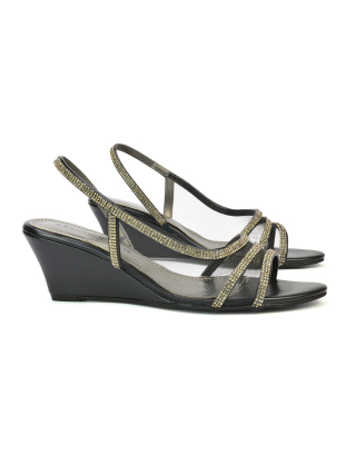 Indy Strappy Diamante Sandal Wedge Heels with Mesh in Black