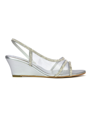Indy Strappy Diamante Sandal Wedge Heels with Mesh in Silver 