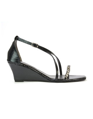 Sky Strappy Square Toe Patterned Diamante Wedge Heel Sandals in Black
