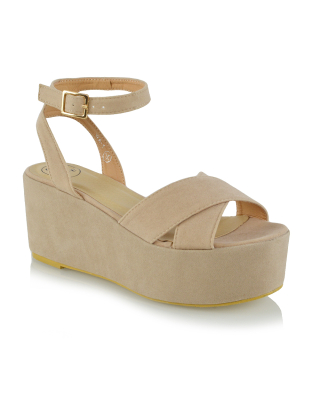 Dianna Cross over Strappy Flatform Sandal Wedge Heels in Nude Faux Suede