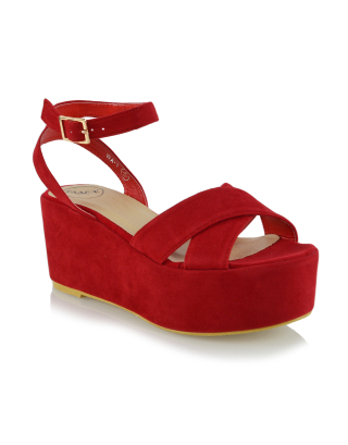Dianna Cross over Strappy Flatform Sandal Wedge Heels in Red Faux Suede