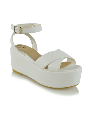 Dianna Cross over Strappy Flatform Sandal Wedge Heels in White Synthetic Leather