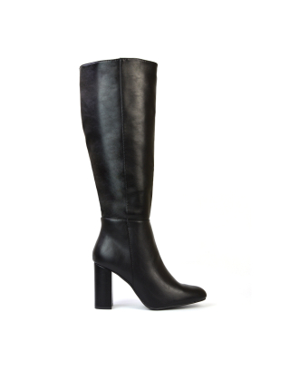 Paityn Knee High Boots With Block High Heel in Black Synthetic Leather