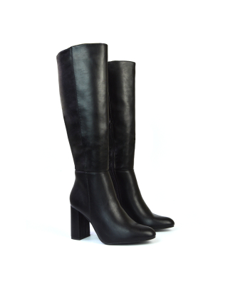Paityn Knee High Boots With Block High Heel in Black Synthetic Leather