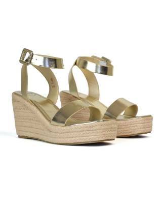 Dayla Platform Espadrille Sandal Wedge Heel With a Square Toe in Gold