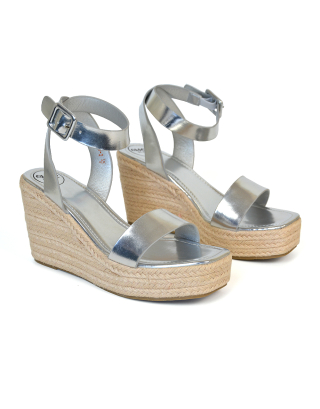 Dayla Platform Espadrille Sandal Wedge Heel With a Square Toe in Silver 