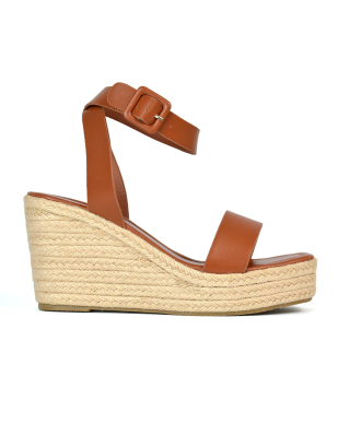 Dayla Platform Espadrille Sandal Wedge Heel With a Square Toe in Tan