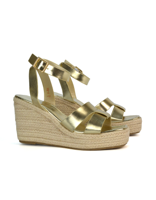 Kala Espadrille Strappy Platform Wedge Heel Sandals With a Square Toe in Gold