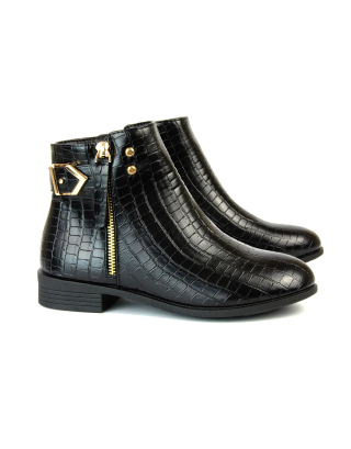 Royal Buckle Detail Flat Zip Up Chelsea Ankle Boots in Black Patent Croc