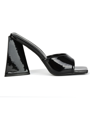Gracia Square Peep Toe Sculptured Flared Block Heeled Mules in Black Patent