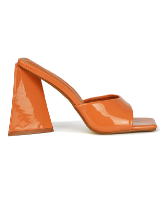 Gracia Square Peep Toe Sculptured Flared Block Heeled Mules in Orange Patent