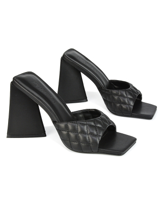 Maylin Quilted Square Toe Sculptured Flared High Heel in Black Synthetic Leather 