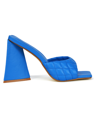 Maylin Quilted Square Toe Sculptured Flared High Heel in Blue Synthetic Leather 