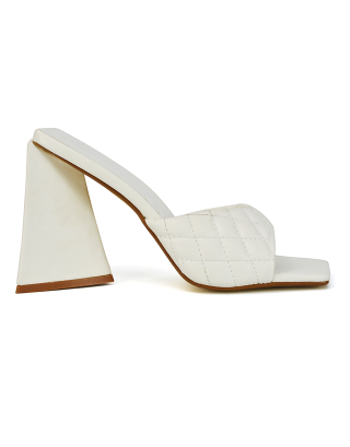 Maylin Quilted Square Toe Sculptured Flared High Heel in White Synthetic Leather 