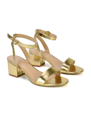 Dala Strappy Open Toe Mid Block Heel Sandals in Gold 