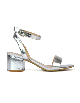 Dala Strappy Open Toe Mid Block Heel Sandals in Silver