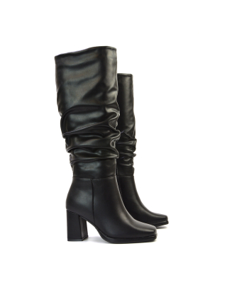 Aero Ruched Block Heel Wide Fit Knee High Boots in Black