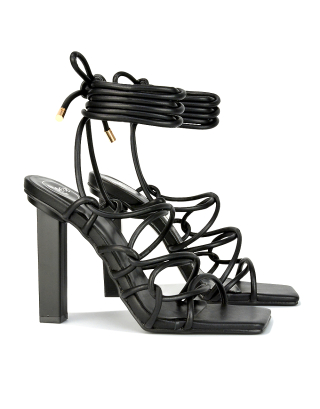 Jolene Strappy Square Toe Block High Heels Lace up Sandals in Black Synthetic Leather
