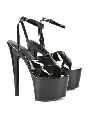 Lylie Cross Over Strappy Platform Shoes Stiletto High Heel Sandals in Black Patent