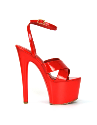 Lylie Cross Over Strappy Platform Shoes Stiletto High Heel Sandals in Red Patent