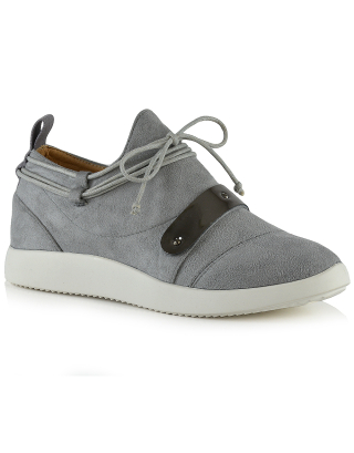 EVANESCENCE LACE UP FLAT RUBBER SOLE SLIP ON TRAINERS IN GREY FAUX SUEDE