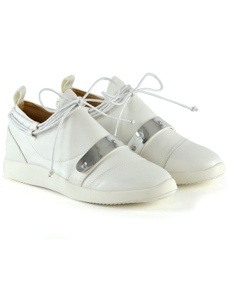 EVANESCENCE LACE UP FLAT RUBBER SOLE SLIP ON TRAINERS IN WHITE SYNTHETIC LEATHER