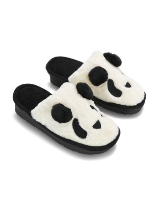 Lou Faux Fur Fluffy Flat Slip on Closed Toe Cosy Panda Slippers in Black