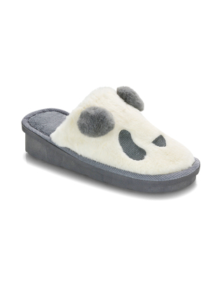 Lou Faux Fur Fluffy Flat Slip on Closed Toe Cosy Panda Slippers in Grey