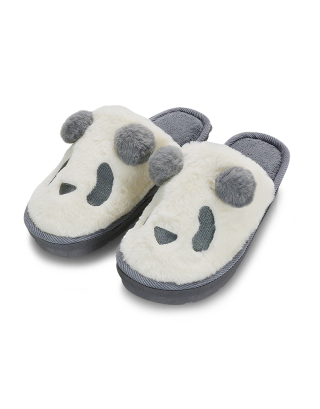 Lou Faux Fur Fluffy Flat Slip on Closed Toe Cosy Panda Slippers in Grey