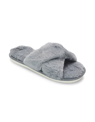 Mimi Faux Fur Fluffy Cross over Strappy Open Toe Flat Slippers in Grey 