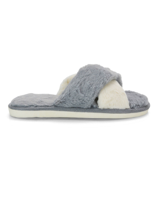 Leilah Faux Fur Fluffy Flat Two Tone Cross Strap Cosy Lounge Slippers in Grey 