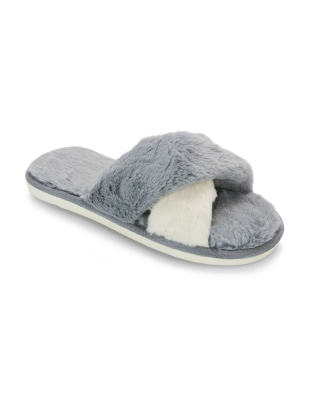 Leilah Faux Fur Fluffy Flat Two Tone Cross Strap Cosy Lounge Slippers in Grey 