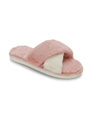Leilah Faux Fur Fluffy Flat Two Tone Cross Strap Cosy Lounge Slippers in Pink