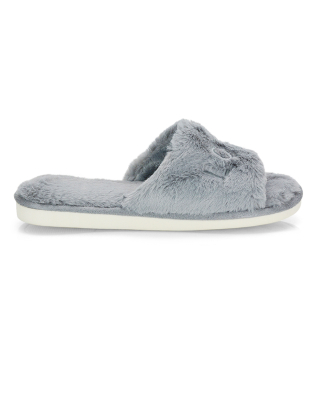 Lula Peep Toe Fluffy Soft Faux Fur Flat Embroidered Cosy Love Slippers in Grey