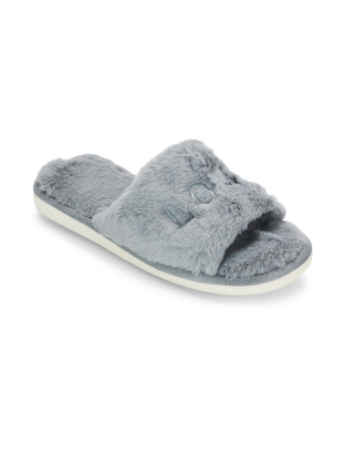 Lula Peep Toe Fluffy Soft Faux Fur Flat Embroidered Cosy Love Slippers in Grey