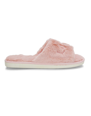 Lula Peep Toe Fluffy Soft Faux Fur Flat Embroidered Cosy Love Slippers in Pink