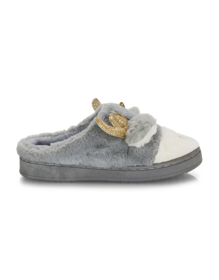 Immie Faux Fur Soft Fluffy Christmas Slip on Cosy Reindeer Slippers in Grey