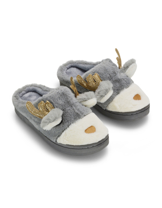 Immie Faux Fur Soft Fluffy Christmas Slip on Cosy Reindeer Slippers in Grey