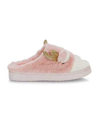 Immie Faux Fur Soft Fluffy Christmas Slip on Cosy Reindeer Slippers in Pink