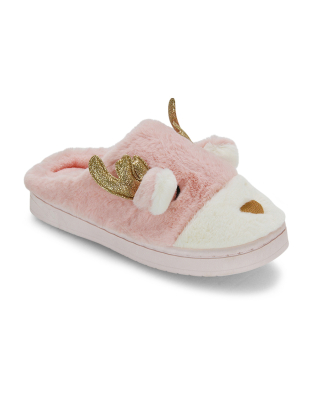 Immie Faux Fur Soft Fluffy Christmas Slip on Cosy Reindeer Slippers in Pink