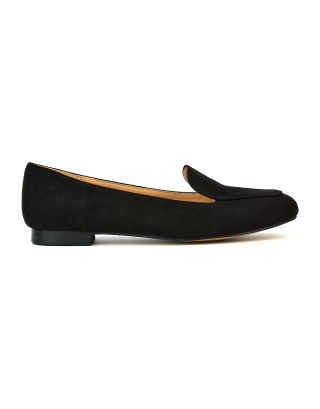 Quincy Slip On Low Heel Back to School Shoes Pumps Loafers in Black Faux Suede 
