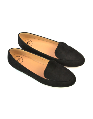 Quincy Slip On Low Heel Back to School Shoes Pumps Loafers in Black Faux Suede 