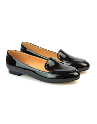 Quincy Slip On Low Heel Back to School Shoes Pumps Loafers in Black Patent