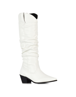 Dixie Ruched Pointed Toe Knee High Block Heeled Cowboy Boots in White