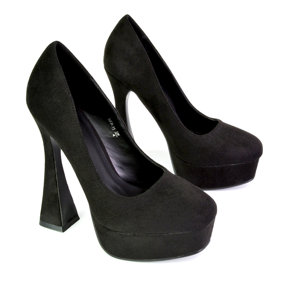 Karlie Flared Curved Stiletto Platform High Heel Court Shoes In Black