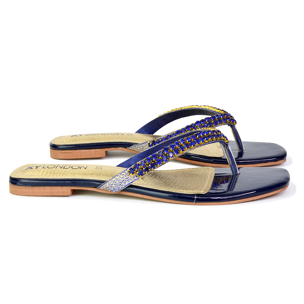 Jazlyn Flat Diamante Flip Flop Sandals Thong Summer Shoes In Navy