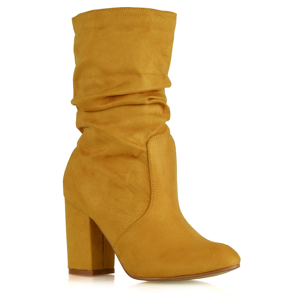 Belle Ruched Slouch Block High Heel Sock Ankle Boots In Mustard Faux Suede