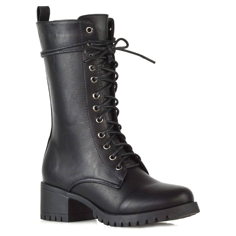 Jennifer Lace Low Block Heeled Military Biker Ankle Boots In Black Synthetic Leather