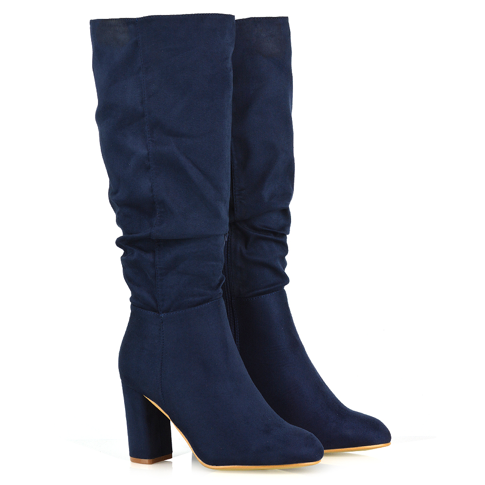 Alana Ruched Zip-Up Winter Block Below The Knee High Heeled Long Boots In Navy Faux Suede