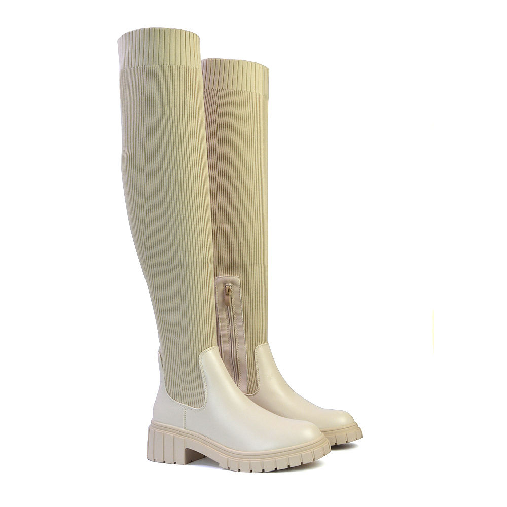 Blaise Knitted Sock Over The Knee High Boots With Chunky Block Heel In Beige